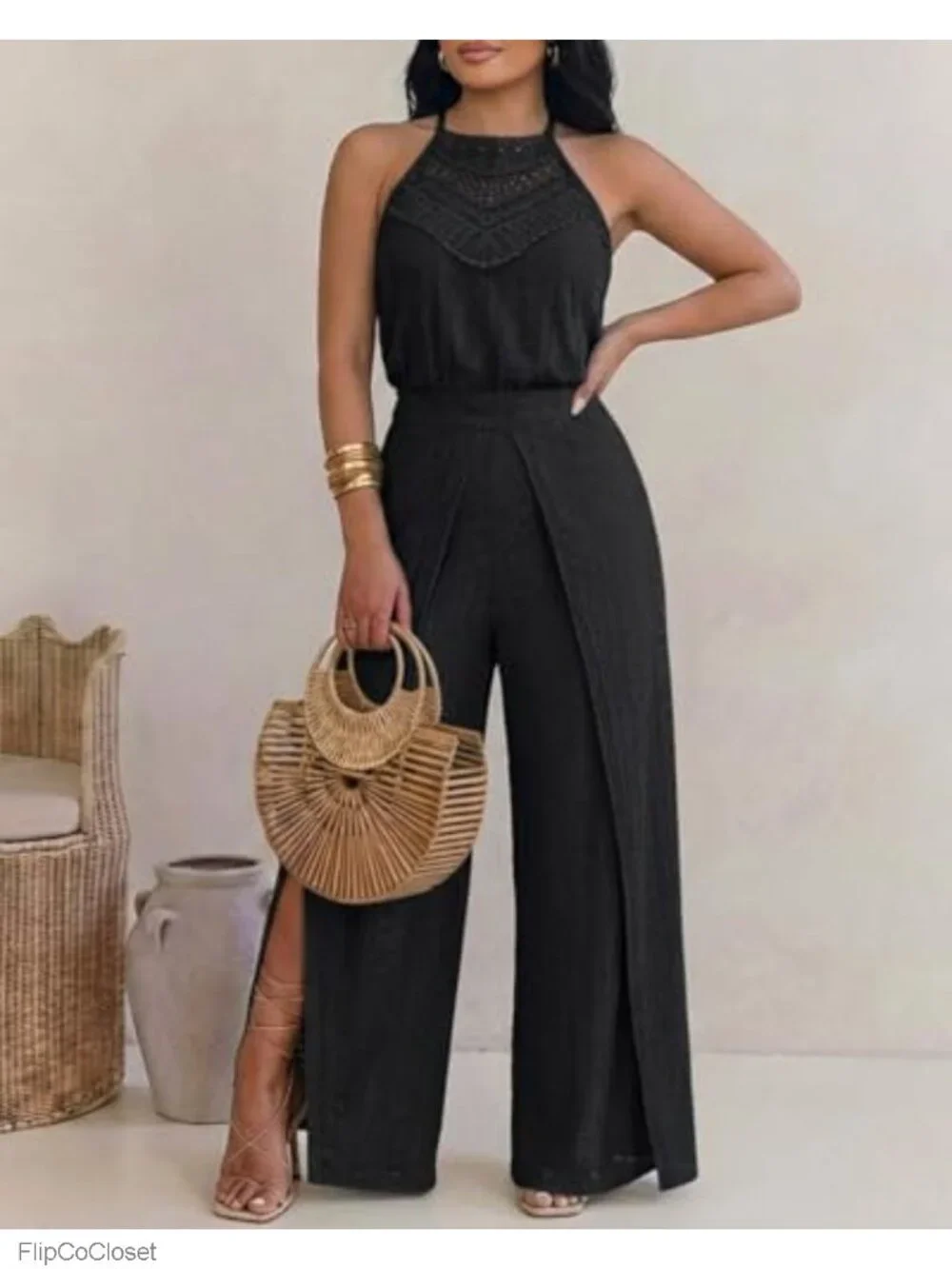 Women's Eyelet Halter Jumpsuit High Waist Wide Leg One Piece Outfit